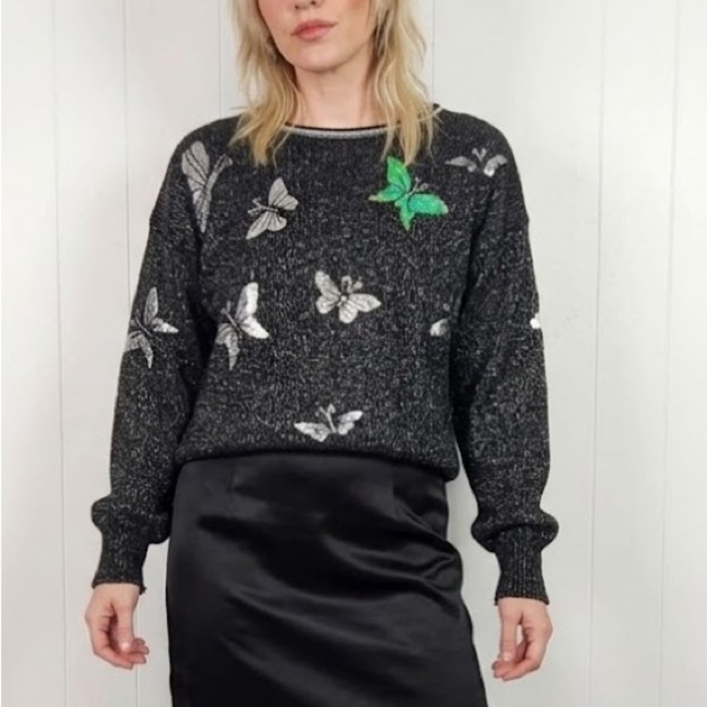 Vintage Butterfly Embellished Black Metallic Sweater 1990s 90s Loose Slouchy